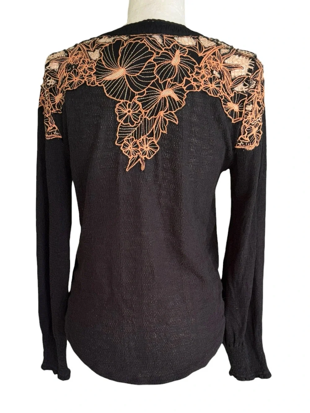 Free People Easy Breezy Black Embroidered Eyelet Henley Top - M